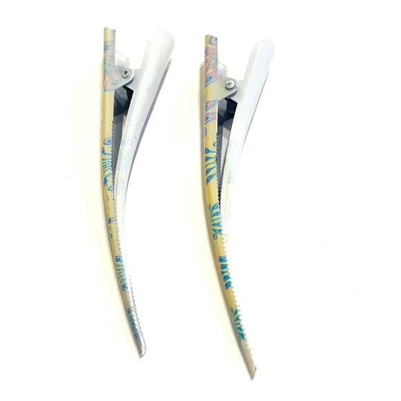 Updo Hair Clips Set of 2 Yellow With Blue Pink Peacock Print - Picture 5 of 5